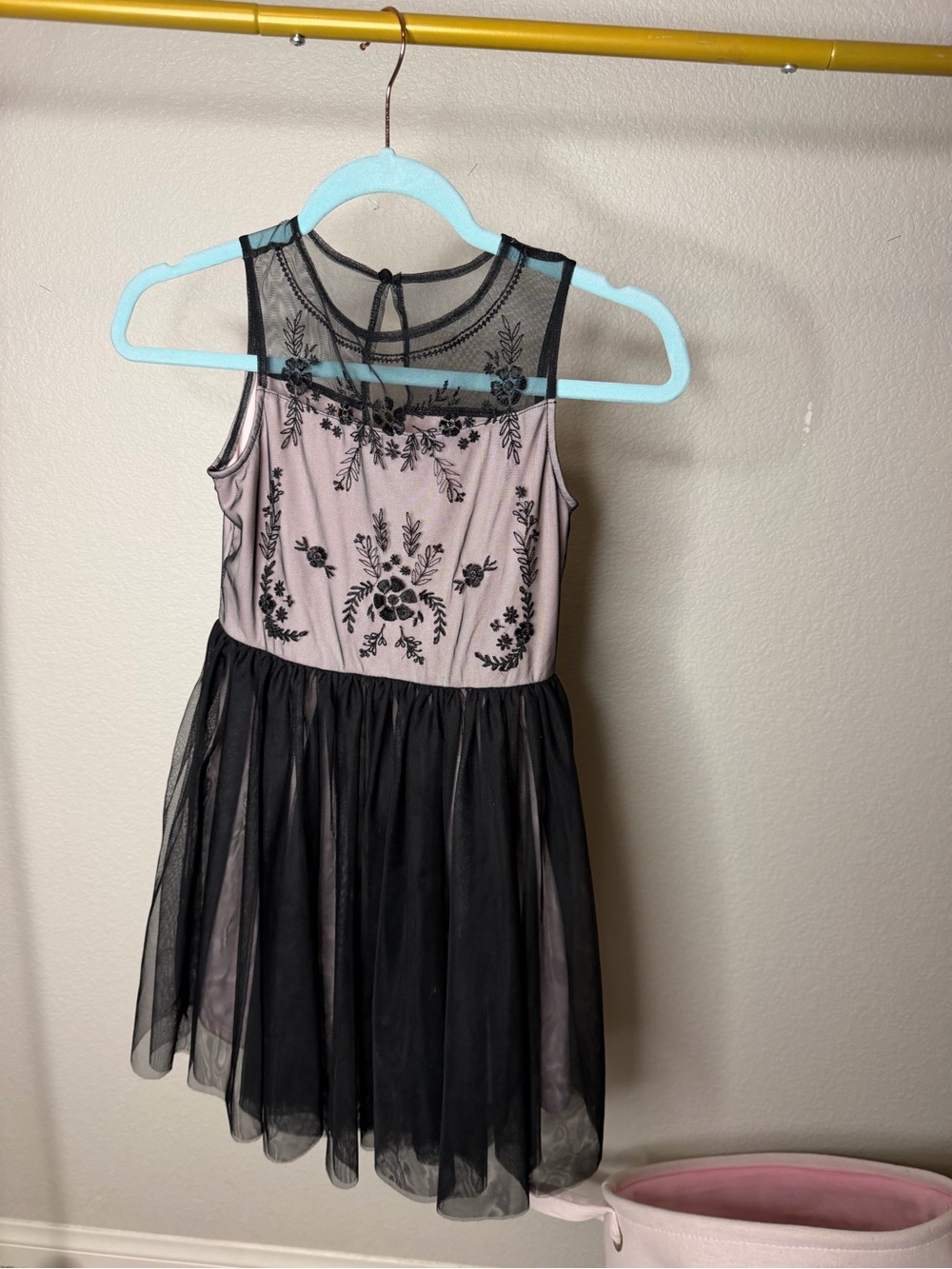 Black Tulle Overlay Dress with Blush Embroidered Bodice
